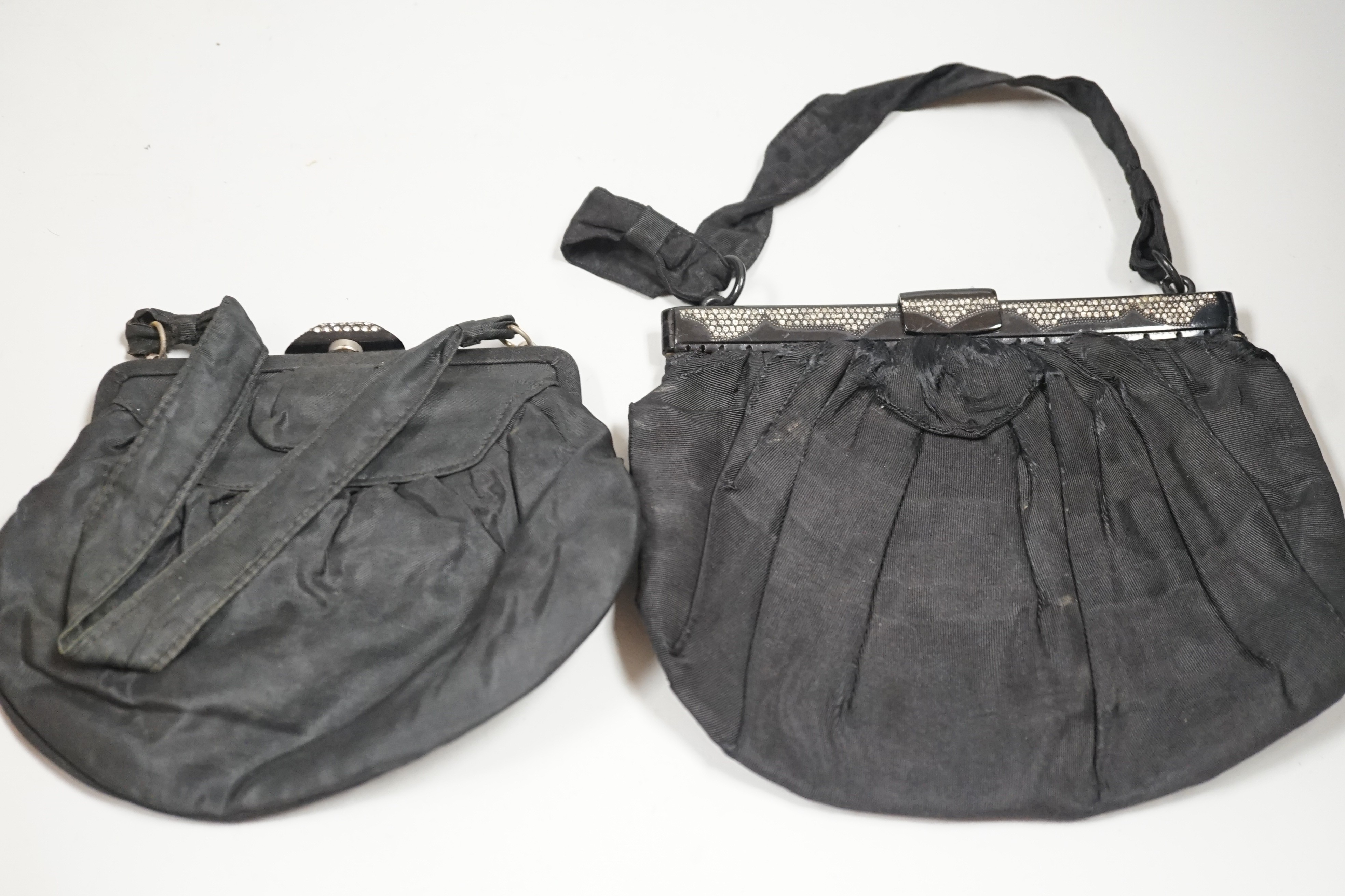 A 1930’s evening bag with silver frame, seven 1930’s-40’s evening bags with diamante encrusted Bakelite frames and clasps, a costume jewelled bag and two gilt and sequin bags